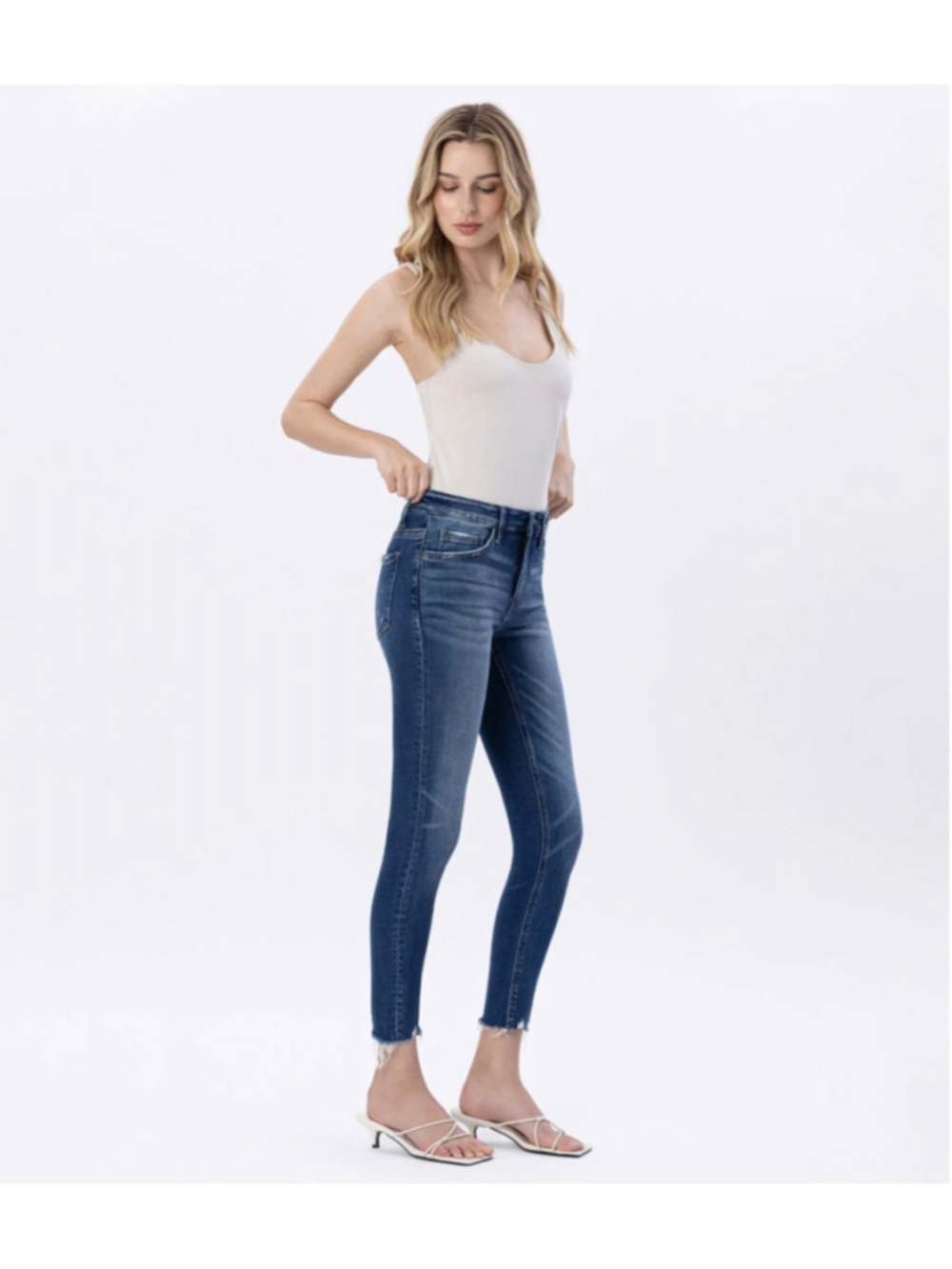 Women's Vervet Blue Skinny Jeans Glistening Mid Rise Distressed Hem Crop Size 27 - Picture 1 of 10
